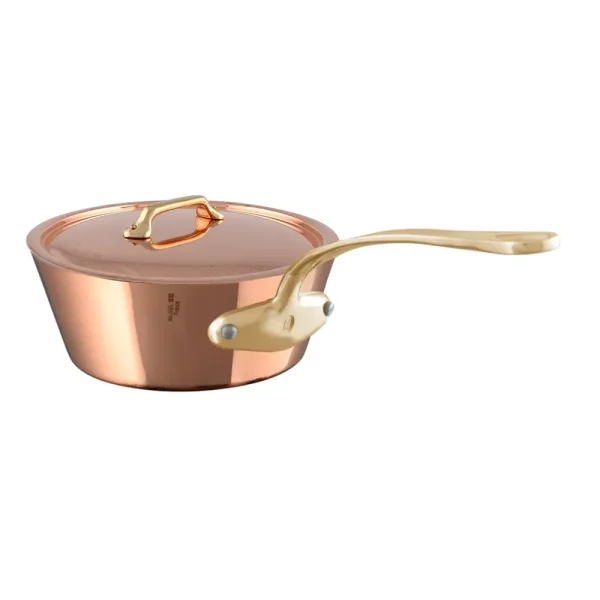 Polished Copper & Tin Inside Splayed Saute Pan With Lid, Brass Handle, 3-Qt