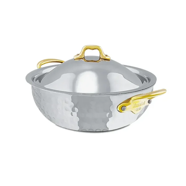 Hammered 5-Ply Curved Splayed Saute Pan With Lid, Brass Handles