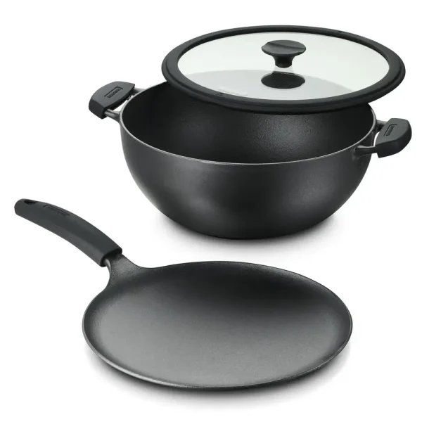3 Piece Cast Iron 7 Quart Deep Kadai & Flat Tawa Cookware Set