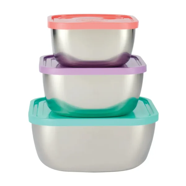 6 Piece Stainless Steel Covered Square Container Set – Multi Color Lids
