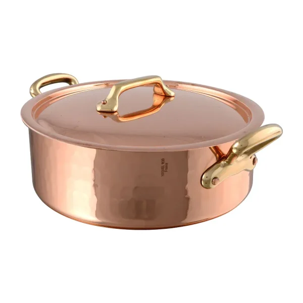 Hammered Copper & Tin Inside Rondeau With Lid, Brass Handles