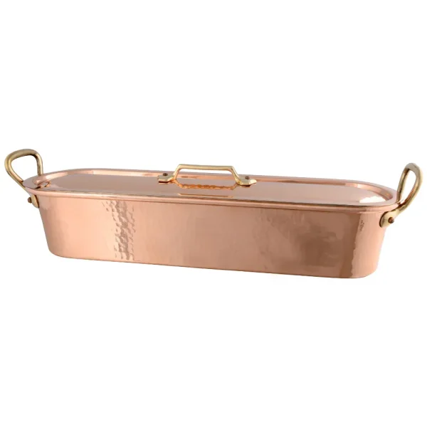Hammered Copper & Tin Inside Fish Kettle With Grid, Lid & Brass Handle