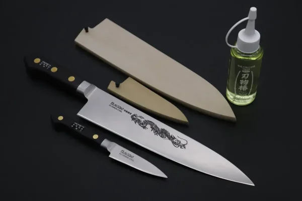 Carbon Steel Lover 2Pcs Set” Sweden Steel Series No.134 Paring 80mm (3.1 inch) and No.113 Gyuto 240mm (9.4 Inch) (comes with Magnolia Wooden Sayas + Tsubaki Oil)