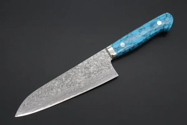 R-2 Custom Damascus Gyuto Knife 165mm (6.4 inch, “Turquoise Gem-Composite Stone Handle”,)
